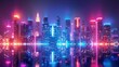 Glowing Neon Surfing: A 3D vector illustration of a city skyline at night