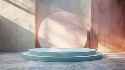 Aufkleber - This 3D render showcases a modern round podium illuminated by natural sunlight against a textured backdrop
