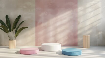 Aufkleber - This 3D render showcases a modern round podium illuminated by natural sunlight against a textured backdrop