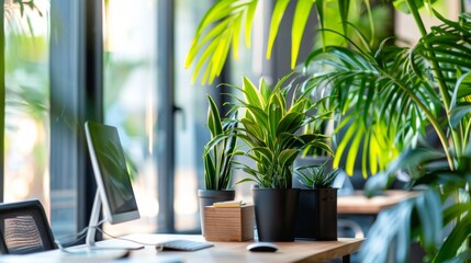 Poster - Desk With Computer and Potted Plant