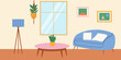 Living room with window and macrame plant. Vector illustration.