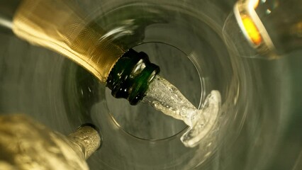 Poster - Super Slow Motion of Pouring Champagne Wine into Glass. Unique Perspective of View from Glass Bottom. Filmed on High Speed Cinema Camera, 1000 fps.