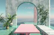 Pink table in the room with view of the sea,   rendering