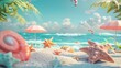 A 3D illustration of a summer beach scene with seashells and parasols.