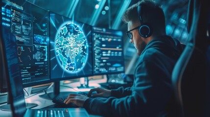 Poster - Man Sitting at Computer With Headphones On