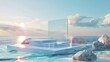 A 3D surreal summer beach scene design with product display stages on the sea water, with a glass divider wall behind the stage.