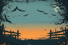 Halloween Background With Bats And Old Wooden Fence,  Vector Illustration