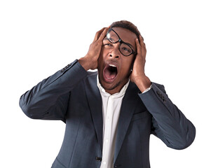 A man in business attire with a shocked expression, isolated on a white background, concept of surprise or disbelief