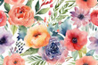 hand painted multicolor watercolor allover seamless wedding florals and plants transparent background