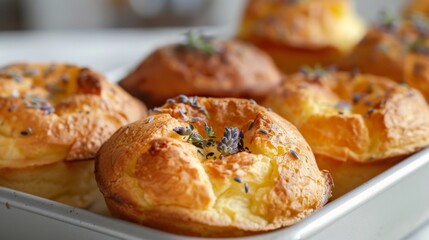 Sticker - Freshly baked lavender cream puffs displayed on a tray in a cozy kitchen, showcasing their golden crust and delicate aroma during a relaxing afternoon baking session