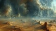 Panoramic View of Desert Landscape Under Brooding Sky.