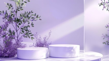 Poster - light lavender purple scene design with ethereal tea tree leaves and a glass divider wall. white box