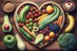 an image of healthy food with fruit, vegetables, grains and high fibre foods on a heart shape cutting board in a rustic wood textures background. 