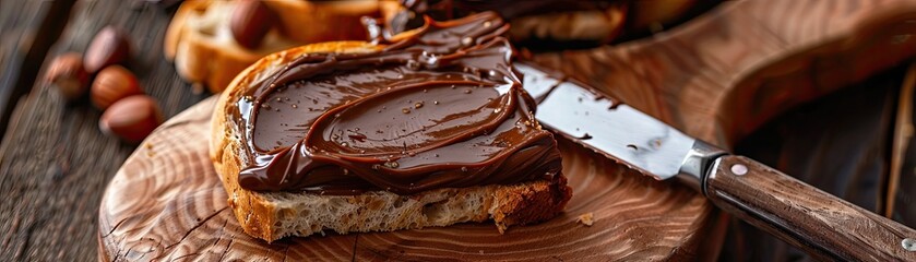 Chocolate and hazelnut spread with a knife spreading it on fresh bread