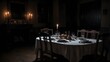 An eerie dining table set for a feast at midnight, shrouded in darkness with no one around to partake Generative AI