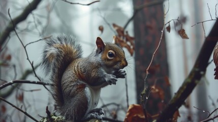 Poster - Against the backdrop of a misty forest, a grey squirrel deftly maneuvers along the wet branches, its foraging skills honed by instinct and experience.