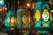 Colorful decorative lanterns for Ramadan Kareem celebration,  Bokeh background