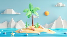 This Is A 3D Illustration Of A Small Island With A Palm Tree, Seashell, Starfish And Beach Ball On The Sand. There Is Also A Papercut Style Sun And Mountains Behind The Island.