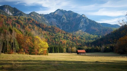 Poster - Against the backdrop of the majestic peaks, the autumn mountain pasture stands as a testament to the enduring beauty of the natural world, where time seems to stand still amidst the ever-changing 