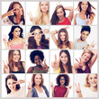 © peopleimages.com - Collage, women and portrait with peace hand sign in a studio with smile and happy with diversity. Global, grid and emoji gesture with international group with about us and model recruitment together