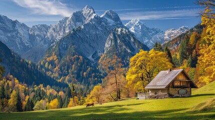 Canvas Print - Against the backdrop of the majestic peaks, the autumn mountain pasture stands as a testament to the enduring beauty of the natural world, where time seems to stand still amidst the ever-changing 