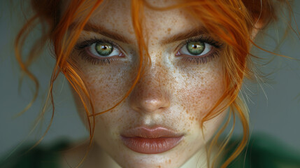 Wall Mural - Stunning close-up portrait of a woman with vibrant orange hair and striking green eyes, highlighting freckles and soft features, showcasing natural beauty and expression