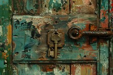 Old Wooden Door With Padlock And Keyhole, Close Up View