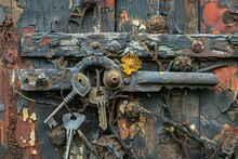 Rusty Old Door With Keys And Lock, Closeup Of Photo