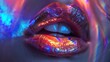 Close-up of deep blue woman's lips. Glossy blue lipstick with glitter. Half-open mouth of beautiful female model expresses sensuality and sexuality. Beauty and fashion makeup concept. Toned image.