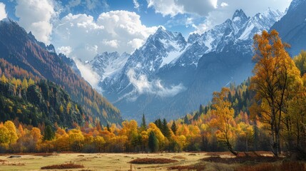 Wall Mural - Against the backdrop of towering peaks, the autumn mountain pasture becomes a haven of tranquility, where the melody of rustling leaves serenades the soul.