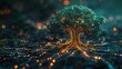 AI crafts a tree where branches are circuits, leaves are data bits, symbolizing the organic growth of digital realms