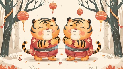 Wall Mural - An illustration of two chubby tigers in traditional dress bowing to one another on Spring Festival, featuring the CNY zodiac animal the tiger.