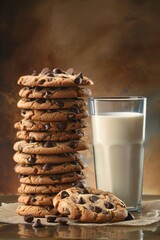 Canvas Print - Stack of chocolate chip cookies and glass of milk on table on brown background