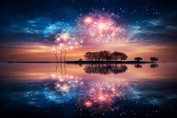 Wall Mural - Imagery showcasing the reflection of fireworks in a tranquil body of water for New Year's