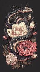 Wall Mural - A snake is wrapped around a flower, with the flower being pink. The snake is surrounded by leaves and flowers, giving the impression of a natural scene