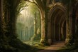 Majestic forest cathedral with towering trees forming an archway