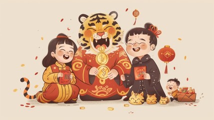 Wall Mural - Illustration of Asian family members, a tiger biting a gold coin, and red envelopes with lucky money for 2022 Chinese New Year