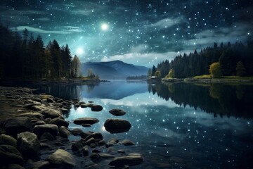 Wall Mural - Serene night sky reflecting on a tranquil lake