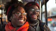 Amidst The Rhythmic Sway Of The Bus, A Young African American Woman And Her Male Companion Shared Laughter And Stories, Their Bond Evident In Their Easy Camaraderie.