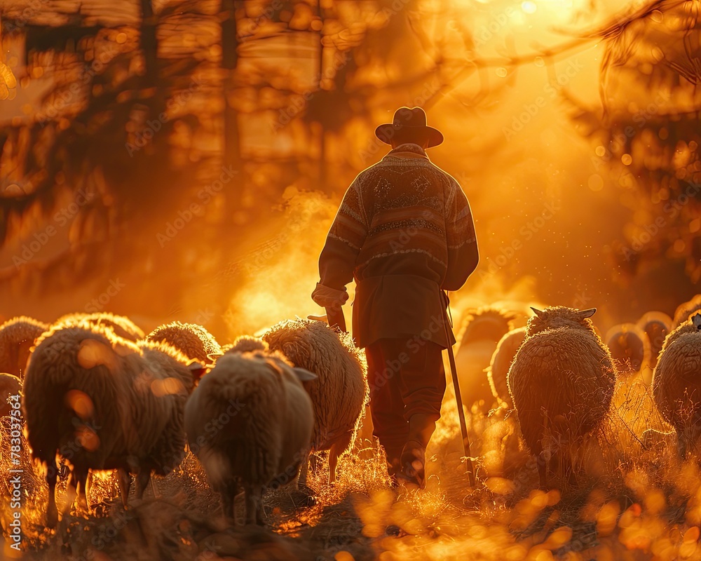Amid his flock of sheep in a golden field at sunset, an elderly ...