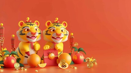 Wall Mural - A 3D rendering of tigers pawing at Mandarin oranges, a firecracker decoration, and a red envelope filled with coins.