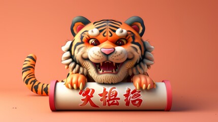 Wall Mural - In Chinese, wishing you a happy new year is written on the banner of the 2022 Year of The Tiger.