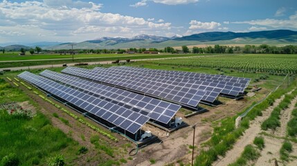 Solar panels line the fields, powering irrigation pumps and farm equipment, showcasing sustainable energy solutions for agriculture in remote areas.