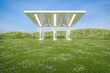 Electric vehicle fast charging station. 3d rendering of architecture with meadow and sky background.