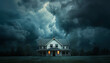 A depiction of a family home overshadowed by threatening dark clouds - evoking the atmosphere of tension and impending storm of domestic discord -wide