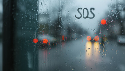 Wall Mural - Close-up of a discreet SOS written on a fogged window, hinting at a cry for help -wide