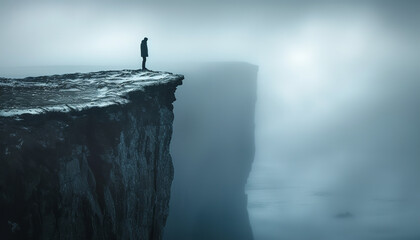 Wall Mural - A lone silhouette stands precariously at a cliff's edge - representing the feelings of entrapment and desperation that victims of abuse might experience -wide