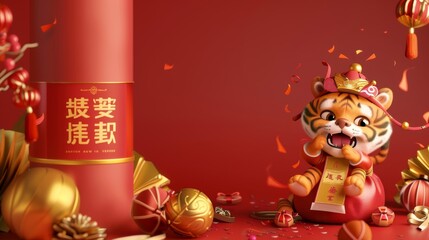 Wall Mural - CNY greeting card for the year 2022 with a tiger in Caishen costume appearing from a lucky bag scrolling out paper with the message 