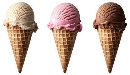 Wall Mural - Three scoops of ice cream in waffle cones with a transparent background