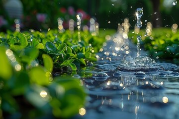 Poster - A close-up shot capturing the dynamic movement of water droplets splashing over green leafy plants with sunlight peaking through